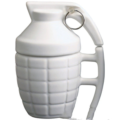 A white or black ceramic coffee mug with a grenade-inspired design and a secure lid for on-the-go convenience.