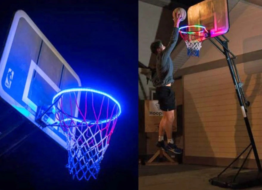 Induction Color Changing Basketball Frame Light attached to rim, illuminating at night