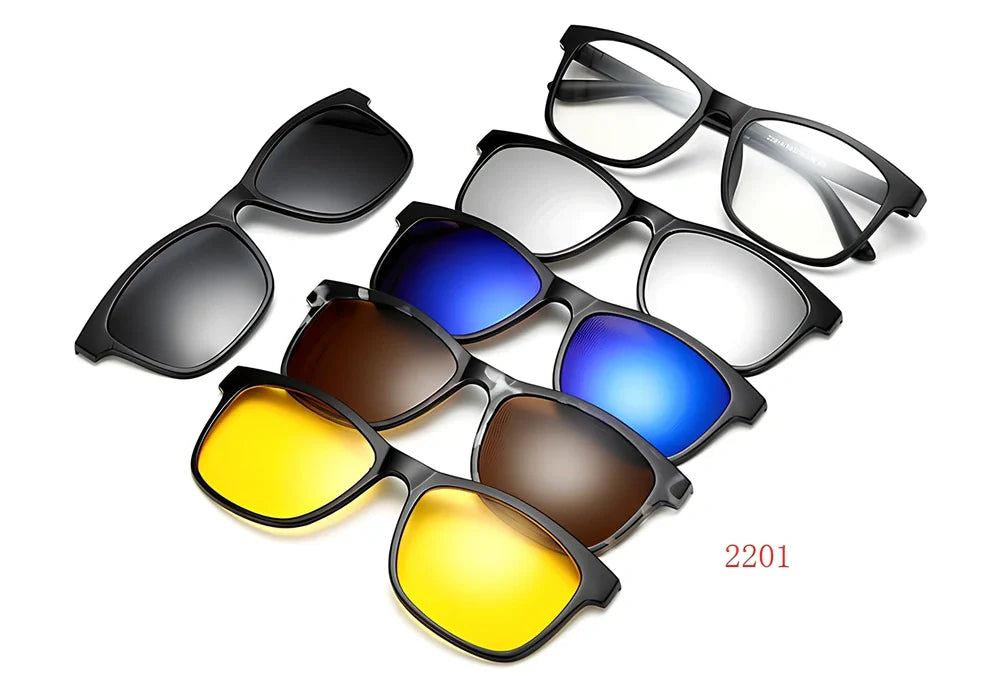 Magnetic sunglasses showing closure system with resin lenses and PC frame in multiple size options