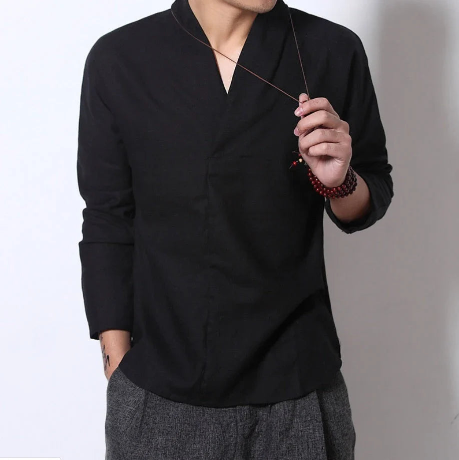 Relaxed-Fit Linen-Blend Chinese-Style Long-Sleeve Shirt for Men in White, Black, Navy, and Gray Colors