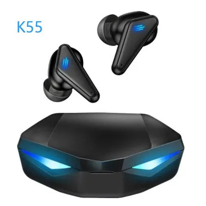 Blue K55 wireless Bluetooth gaming headset with earplug design for mobile gaming