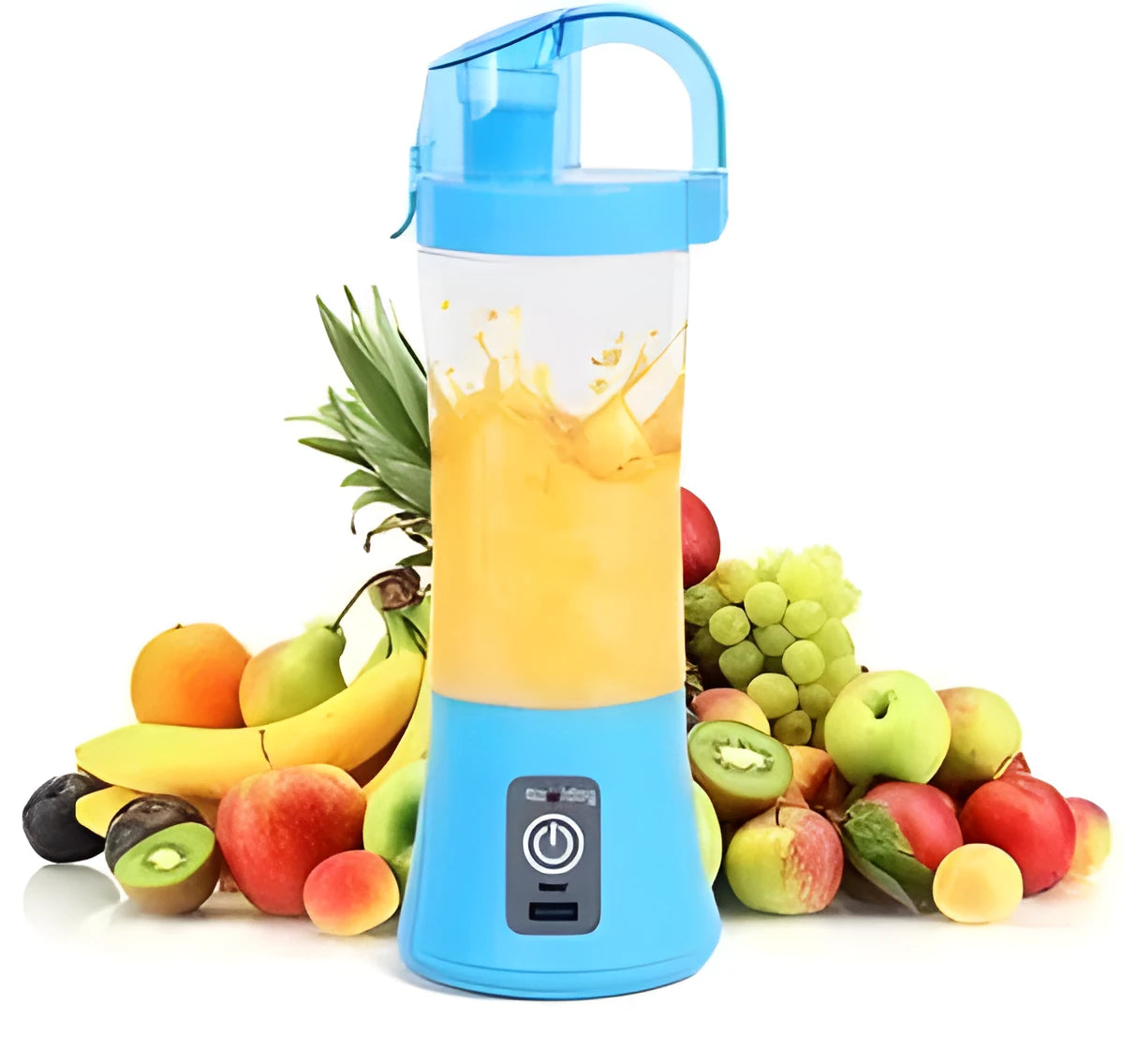 Blue portable electric fruit juicer with USB charging port and 400ml blending cup