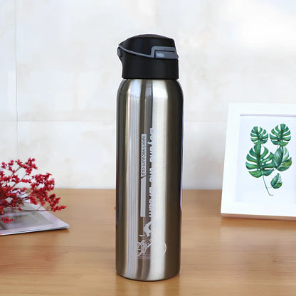 500ml stainless steel sport thermos water bottle in pink, black, green, and silver colours showing straight-cut design