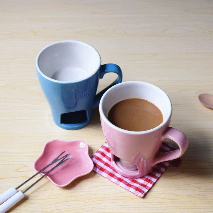 Ceramic Chocolate and Cheese Fondue Mug Set - Premium Porcelain Multipurpose Mug for Hot Beverages and Melted Treats