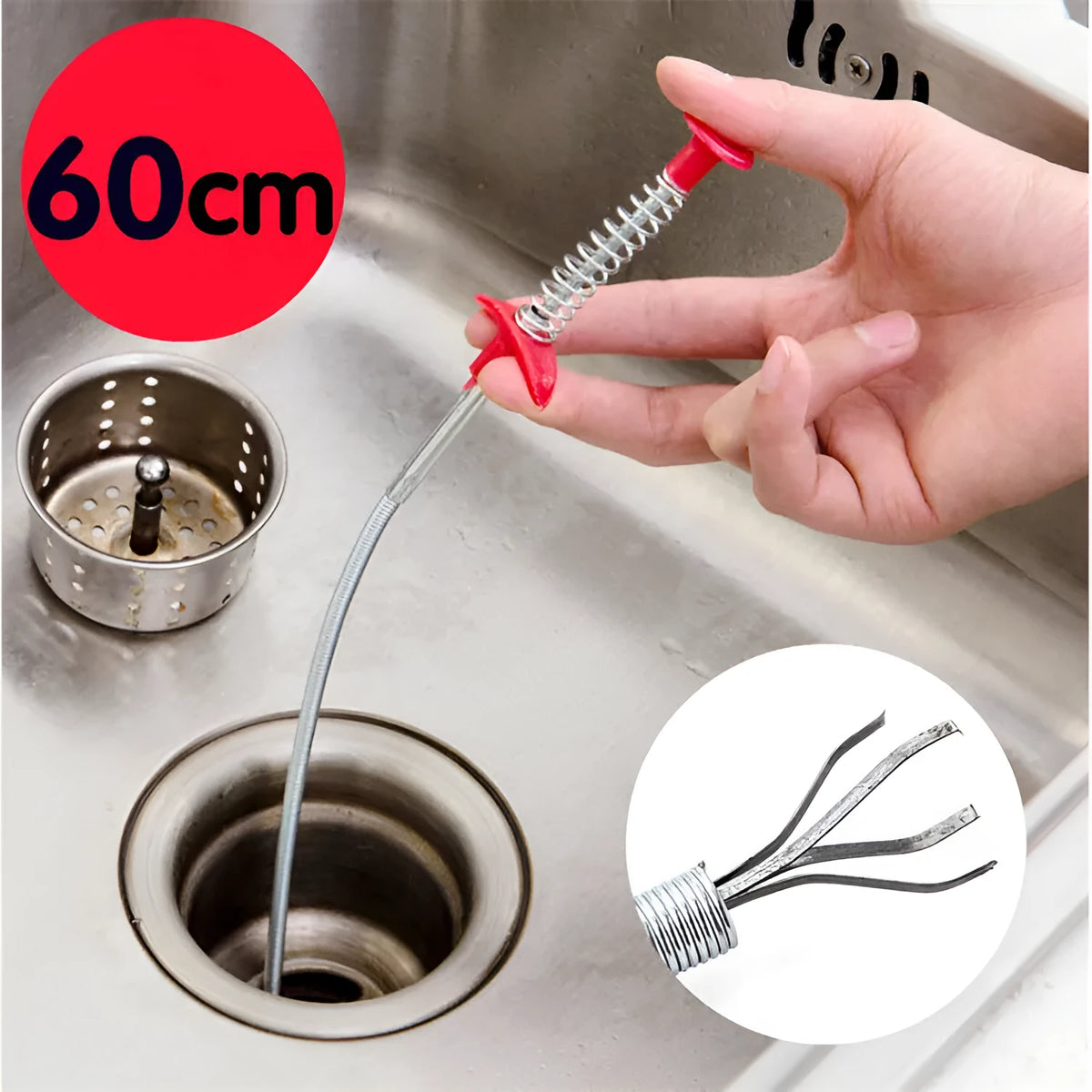 Stainless steel sewer dredge spring drain cleaning tool with a black PP handle.