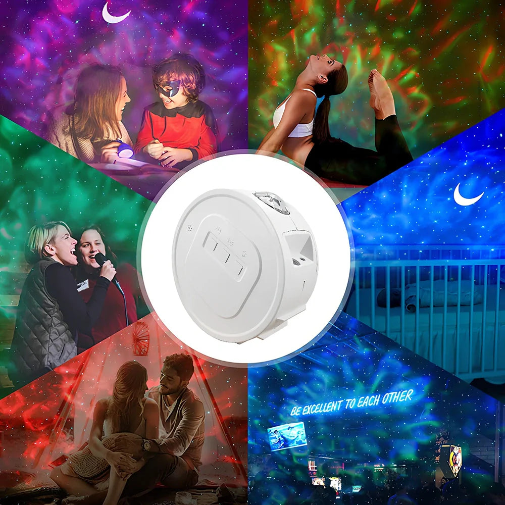 USB star projection light with voice control showing rotating mechanism and star pattern projection