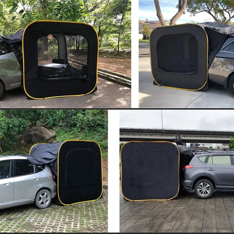 Black pop-up quick-throw car tail tent unfolded to a 200cm cube, set up behind an SUV.