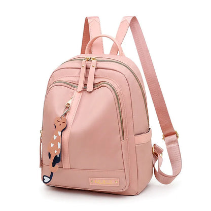 Black square vertical nylon backpack with double shoulder straps showing multiple compartments and anti-theft features