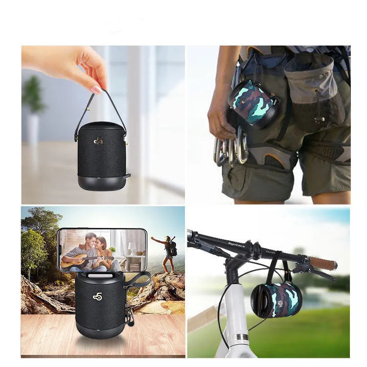 Wireless portable mini waterproof card subwoofer in black, blue, camouflage, grey, or red with compact design
