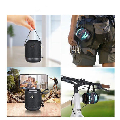 Wireless portable mini waterproof card subwoofer in black, blue, camouflage, grey, or red with compact design