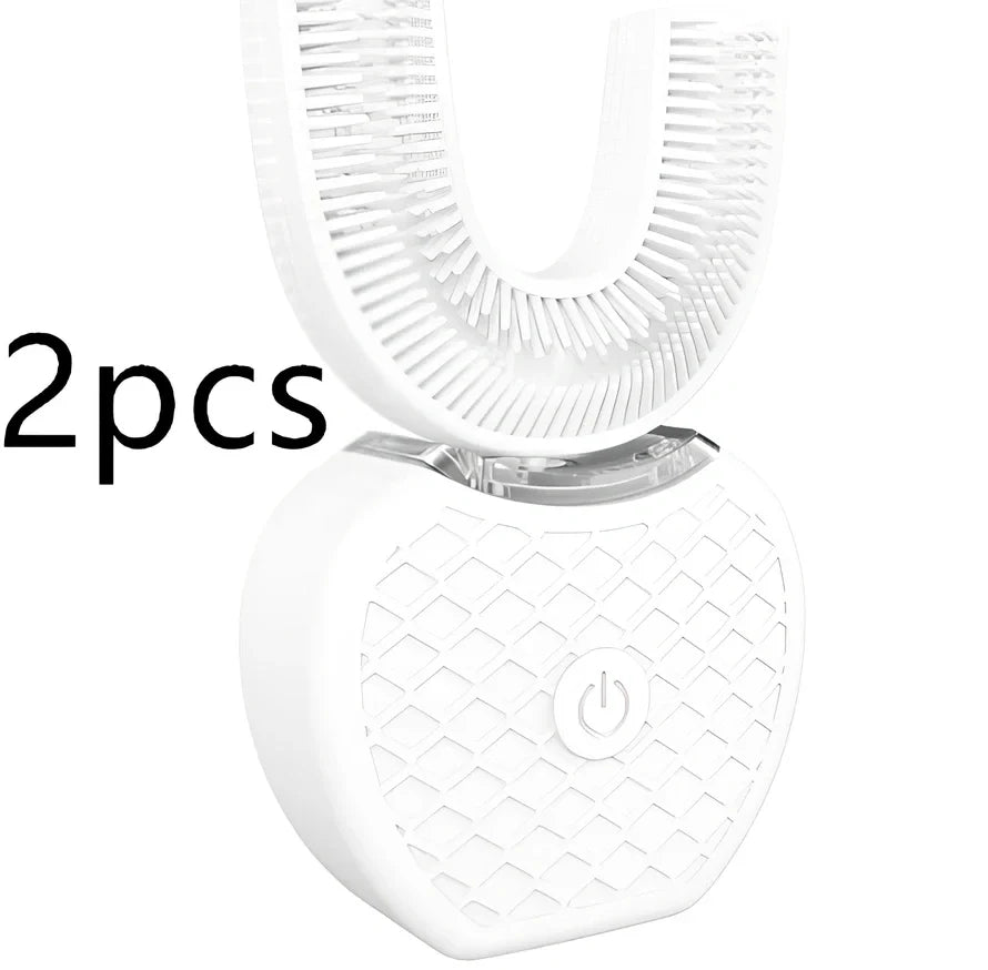 Black ultrasonic electric toothbrush with U-shaped design showing magnetic charging base and USB cable