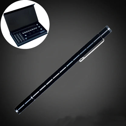 Magnetic transformation pen showing compass, spinning top, and phone stand configurations with 13 neodymium magnets
