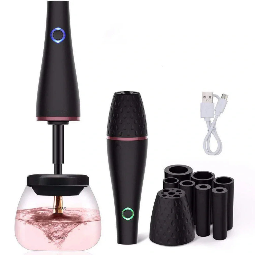 Black makeup brush cleaner with ultrasonic technology measuring 16×13×12 cm