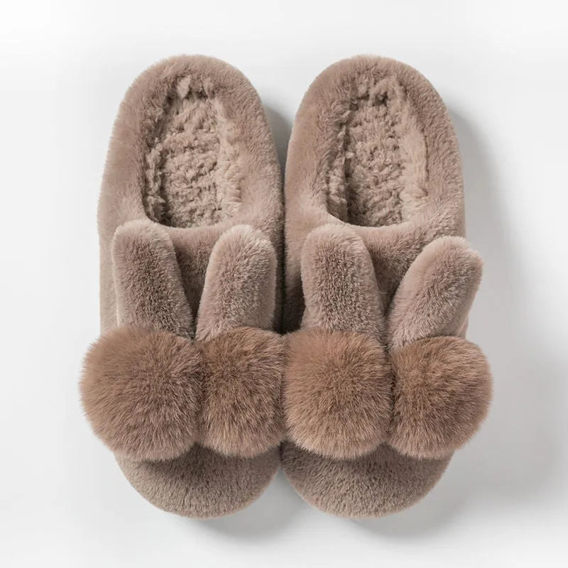 Bunny Fluffy Slippers with rabbit fur uppers in high-top design for winter, showing decorative flower details