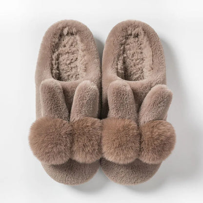 Bunny Fluffy Slippers with rabbit fur uppers in high-top design for winter, showing decorative flower details