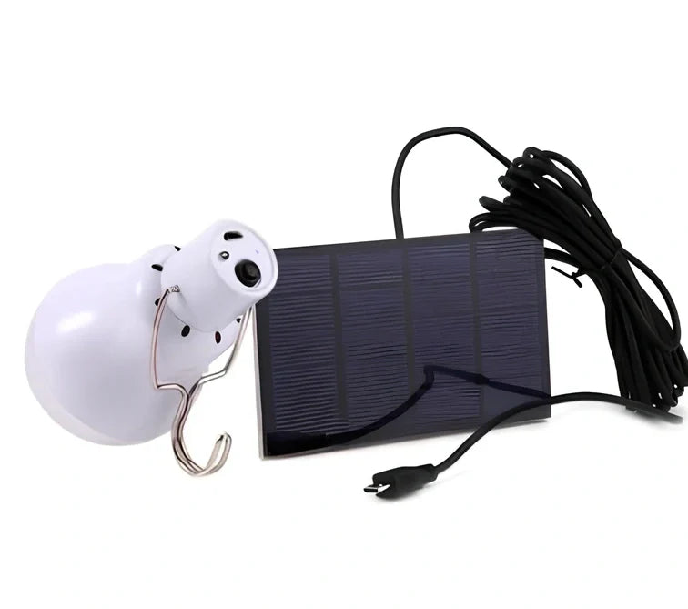 Solar LED bulb with 12cm polycarbonate housing and 8cm solar panel for outdoor lighting