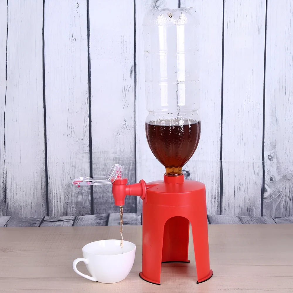 Red automatic beverage dispenser gadget measuring 15cm tall with universal bottle fitting