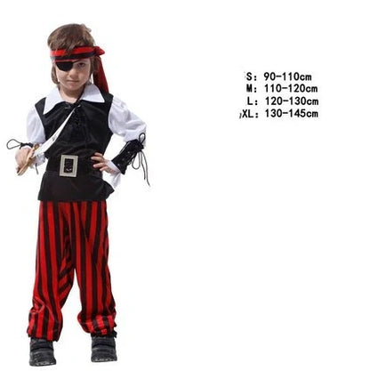 Halloween children's pirate costume with multiple character options and sizing guidance