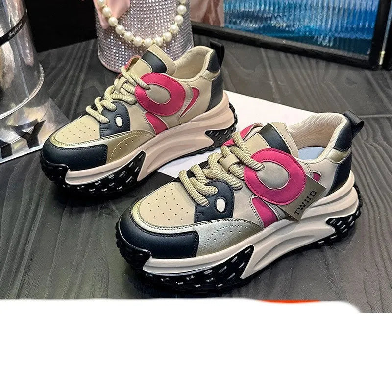 Thick-soled leather sports casual shoes with wedge heel in silver, carmine, black coffee, and black and white colours, front lace-up design