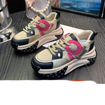 Thick-soled leather sports casual shoes with wedge heel in silver, carmine, black coffee, and black and white colours, front lace-up design