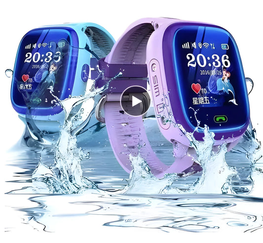 DF25 blue children's waterproof smart watch with touch screen displayed on a silicone wristband.