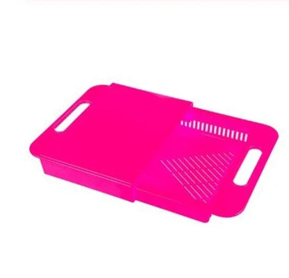 Multifunctional cutting board with integrated strainer and storage tray, made of durable PP material with flexible, rake-shaped body for comfortable chopping