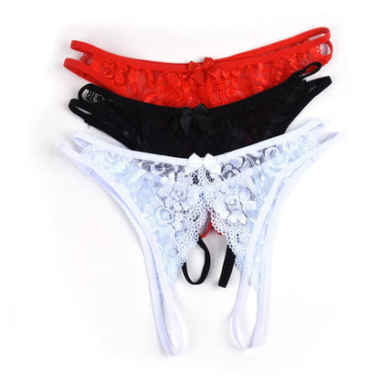 Women's lace thong panties with open crotch design in various colors