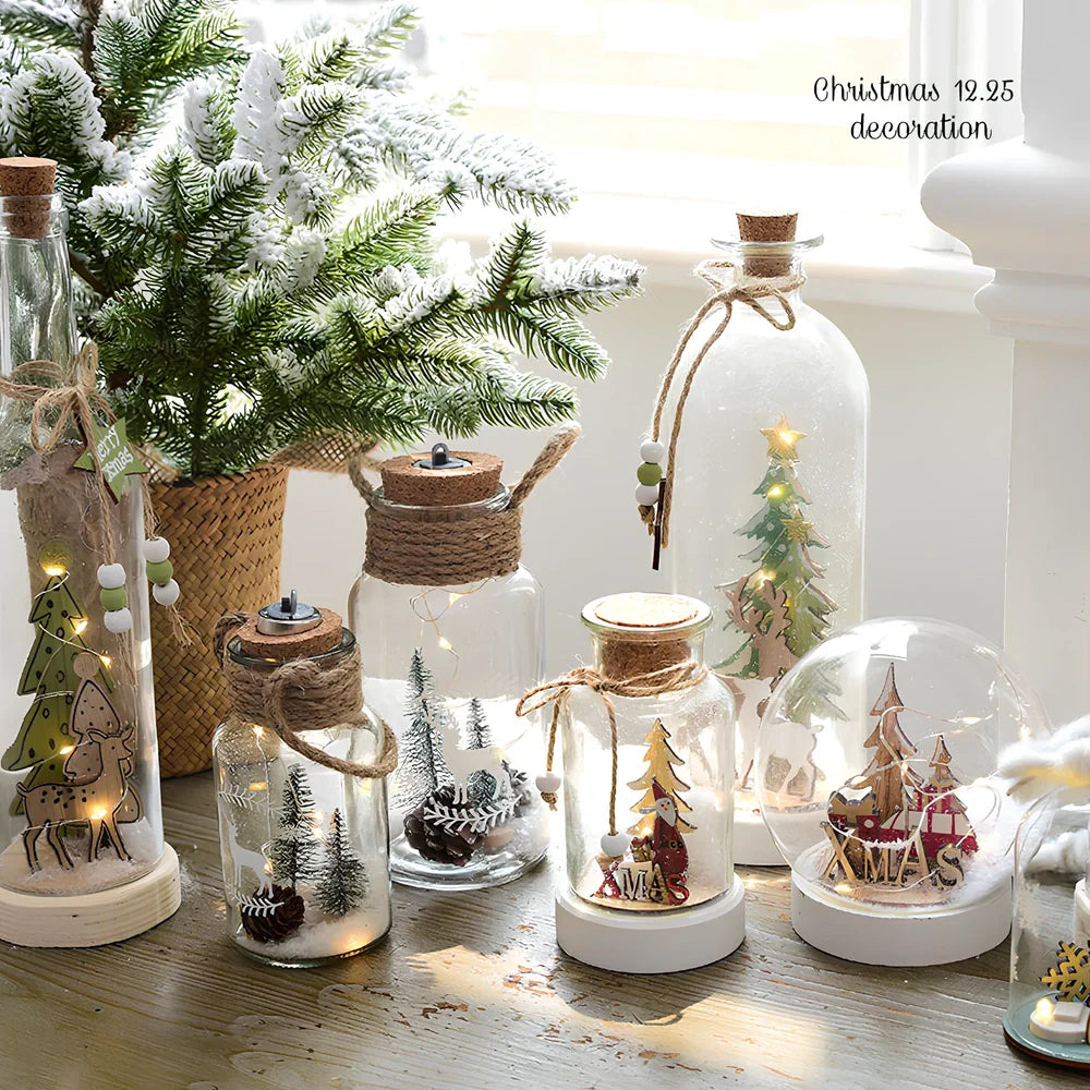 Christmas night light with glass panels, wood frame and rhinestone details in four sizes