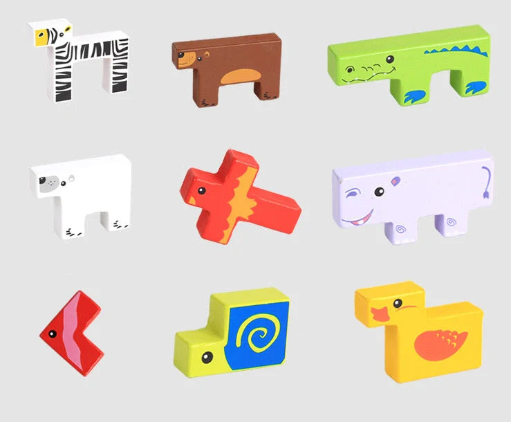 Beech wood animal stacking blocks for children aged 3+, showing interlocking animal shapes in natural wood finish