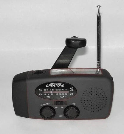 Powerful solar-powered radio and flashlight with hand crank and USB charging capabilities
