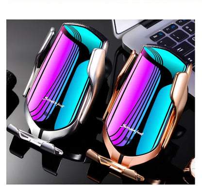 Black car wireless charger phone holder with suction cup mount and 360-degree rotation on a dashboard