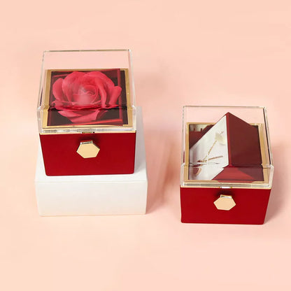 Rotating soap flower rose gift box with jewelry drawer in red, blue, lake blue, or pink