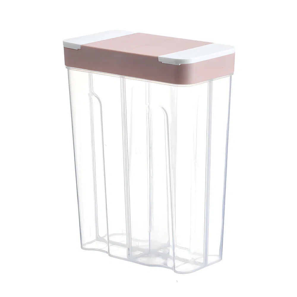 Clear plastic food storage box with measuring scale and blue lid
