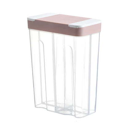 Clear plastic food storage box with measuring scale and blue lid