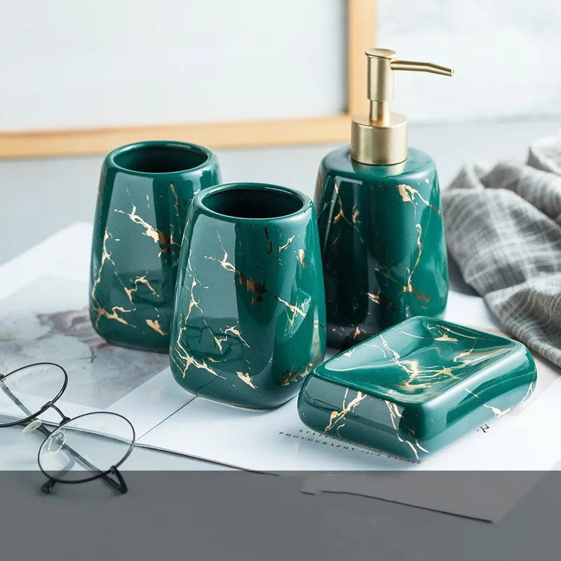 Ceramic bathroom wash set in porcelain with decal decoration, available in black, blue or white colours