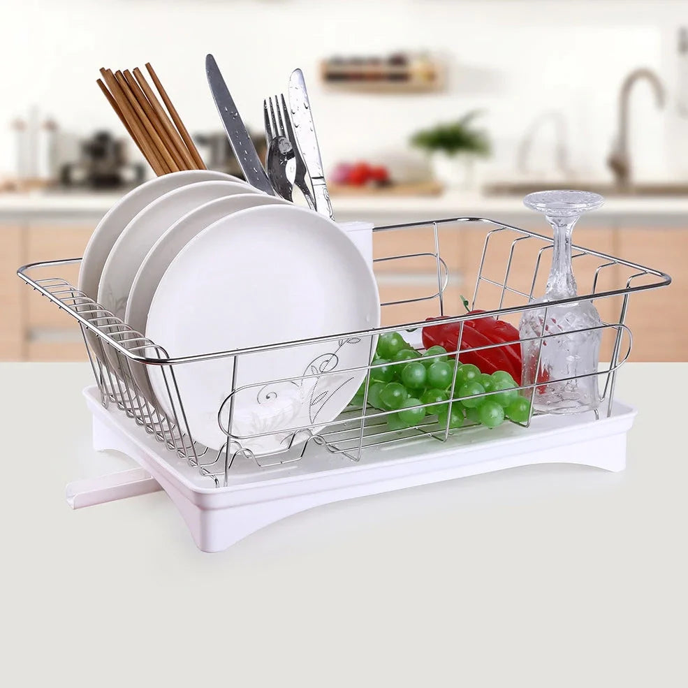 Black stainless steel dish drying rack with drain board and removable cutlery holder