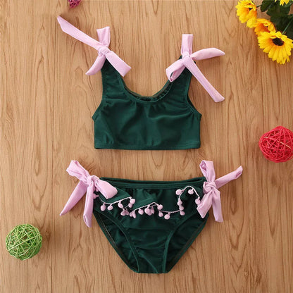 Girl's green cotton bikini swimsuit for summer, sizes 2T to 6T