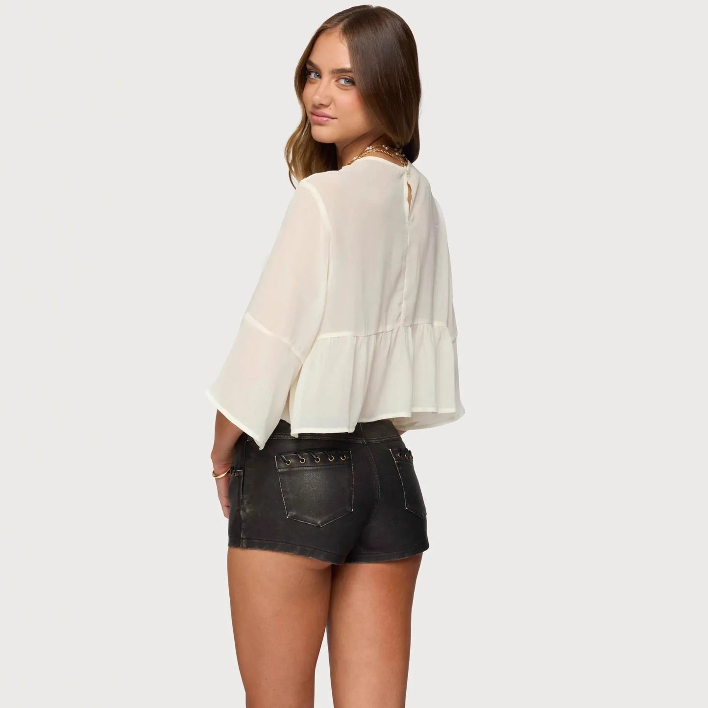 Women's Milky White chiffon top with batwing sleeves, short length, and pullover design.