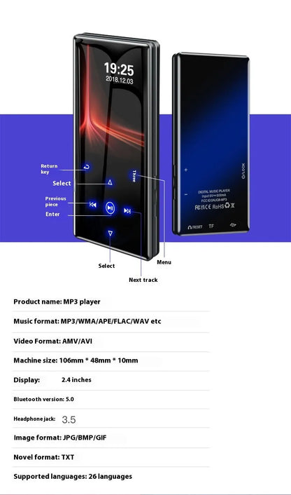 Black portable media player with 2.4 inch screen, Bluetooth, FM radio, and 16GB memory