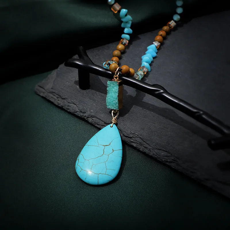 Blue turquoise heart-shaped pendant on ball bead chain with water drop geometry and adjustable 81cm length
