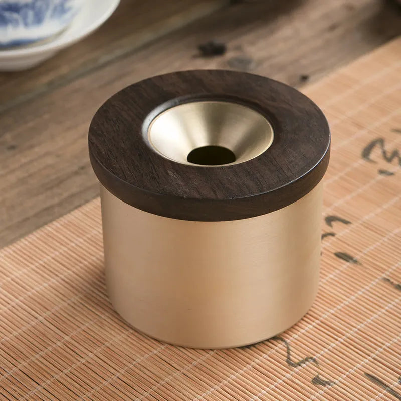 Creative retro brass ashtray with wooden lid on blackwood or rosewood, solid copper body, central hole design