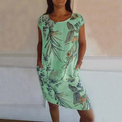 Women's floral print cotton dress with loose fit and short sleeves in various colors