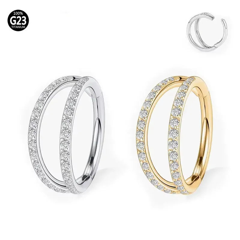 G23 titanium alloy nose ring with diamond-treated surface in gold or steel colour, showing precise gauge measurements
