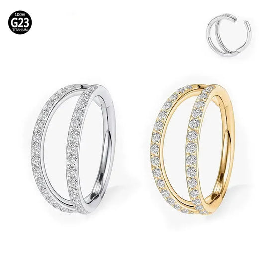 G23 titanium alloy nose ring with diamond-treated surface in gold or steel colour, showing precise gauge measurements
