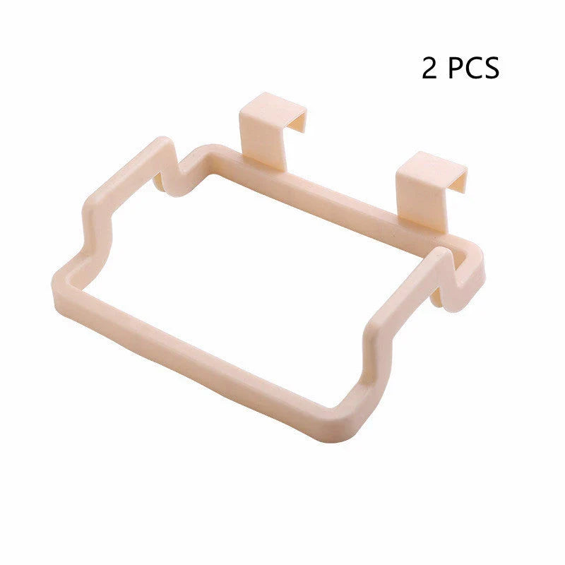 Eco-friendly over-the-door trash bag holder in various colors for organized kitchen storage