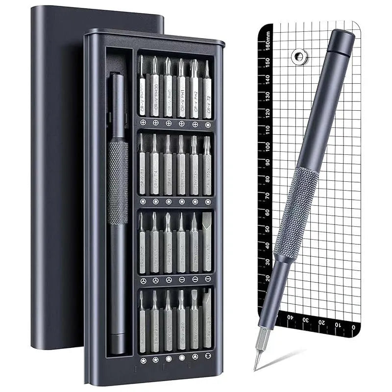 25-in-one screwdriver set with magnetic bits and knurled handle, 110mm long, for household repairs