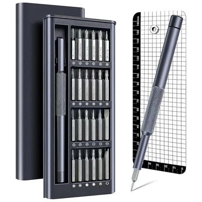 25-in-one screwdriver set with magnetic bits and knurled handle, 110mm long, for household repairs