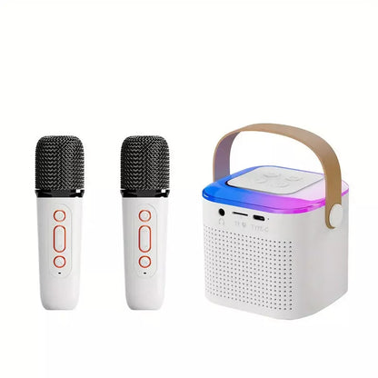 Bluetooth karaoke machine with two wireless microphones and RGB lighting
