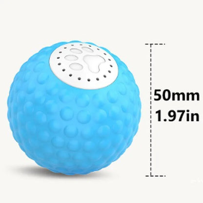 Blue remote control interactive rolling ball cat toy with sound effects on a carpet.