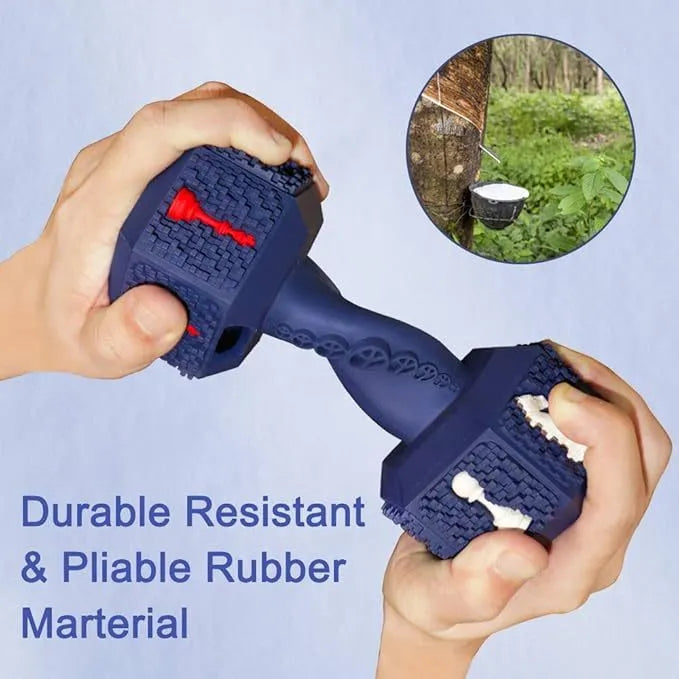 Dog chew toy with dumbbell design, 3D particle surface, hollow ends for treats, in black or blue colour